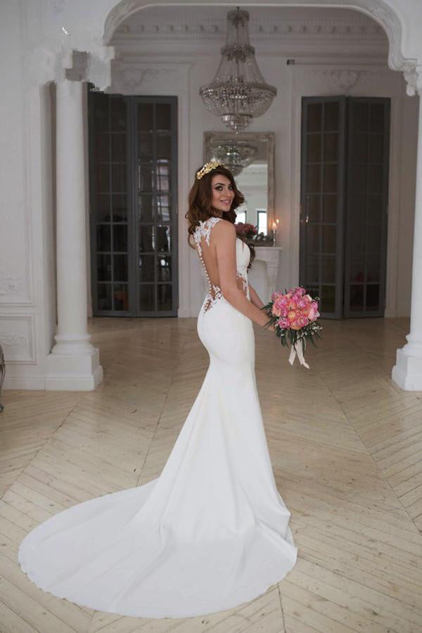 Stunning See-through Mermaid Sleeveless Lace Appliques Court Train Wedding Dresses N465