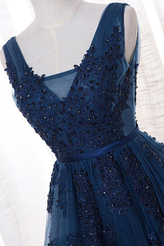 A Line V Neck Sleeveless Appliques Prom Dresses with Beads Floor Length Tulle Evening Dresses N1385