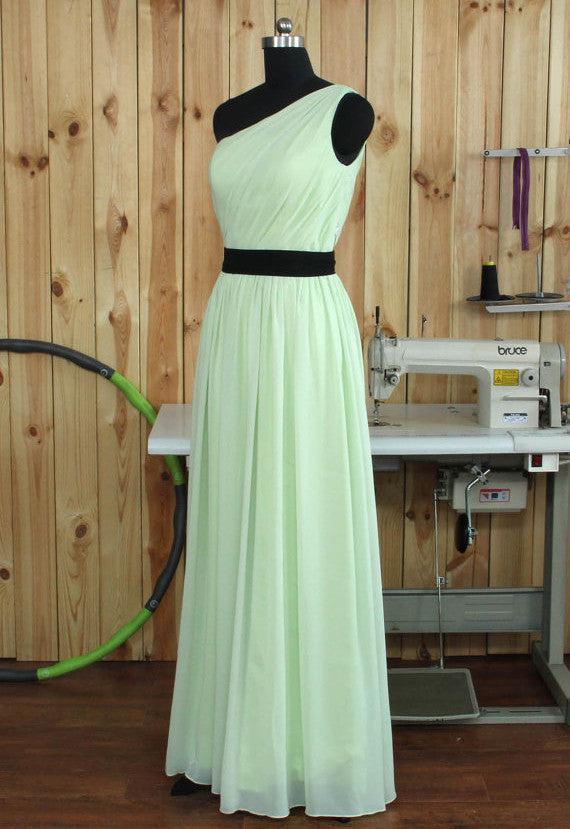Mint Green One Shoulder Chiffon Bridesmaid Dresses With Belt