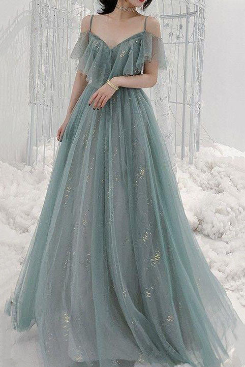 Ruffle A Line Spaghetti Straps Long Prom Dresses Evening Dresses