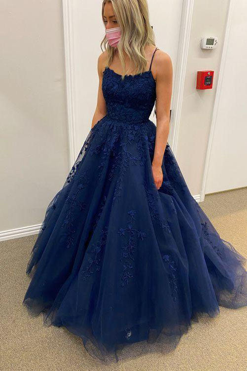 A Line Straps Tulle Lace Appliques Navy Blue Evening Dresses Formal Prom Dresses
