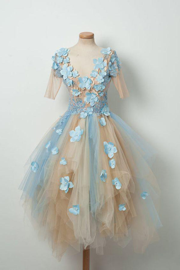Champagne Cute V Neck Half Sleeves Tulle Short Prom Dress with Blue Flowers, Asymmetrical Homecoming Dresses