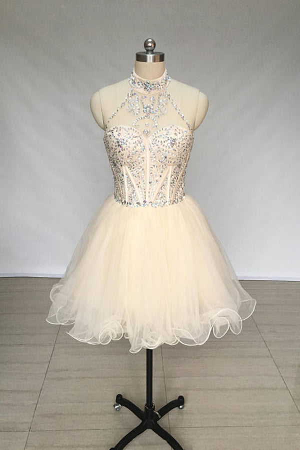 A Line High Neck Tulle Beading Mini Homecoming Dress, Short Prom Dress with Beads