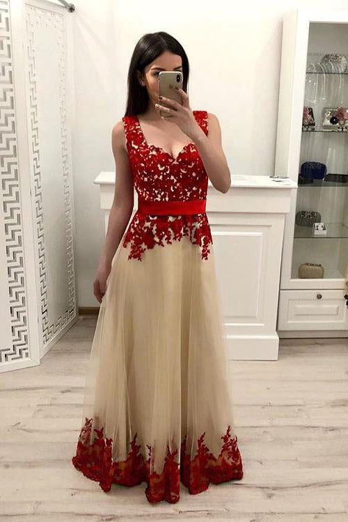 A Line Tulle Prom Dress with Red Lace Appliques, Floor Length Senior Dance Dress N1523