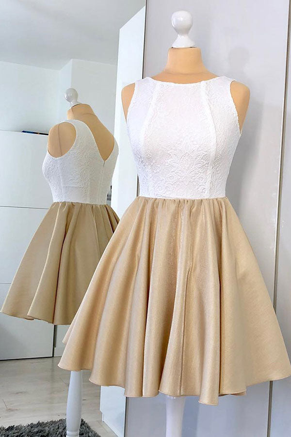 Champagne Simple Short Homecoming Dress with Lace, Modern A Line Ruched Satin Party Dress