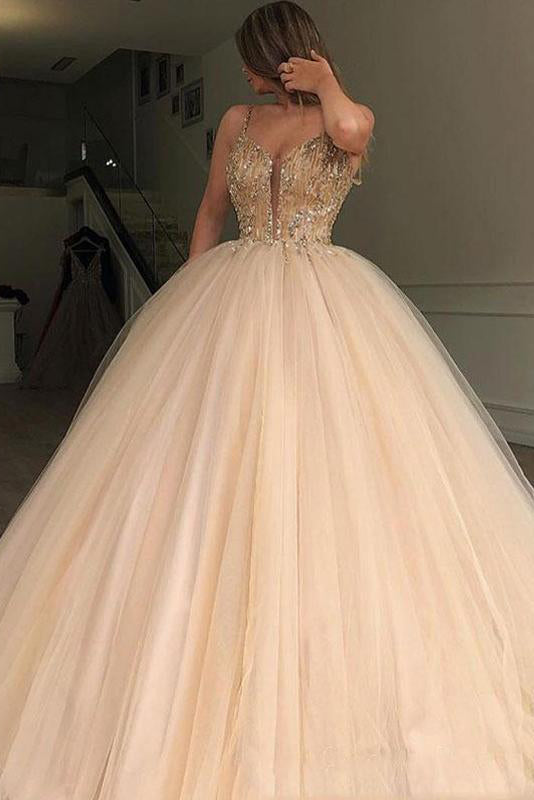 Sparkly Spaghetti Strap Beaded Tulle Ball Gown Prom Dresses