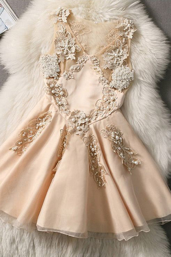 Mini V Neck Homecoming Dress with Pearls, Gorgeous Appliques Short Graduation Dress