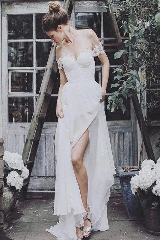 Cheap Off the Shoulder Chiffon Beach Wedding Dress, Simple Long Bridal Dresses N2427