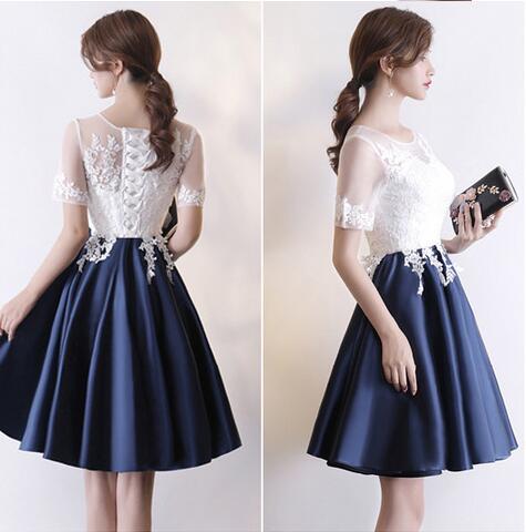 Dark Blue Knee Length Satin Homecoming Dresses with Short Sleeves Short Prom Dresses with Lace N2223