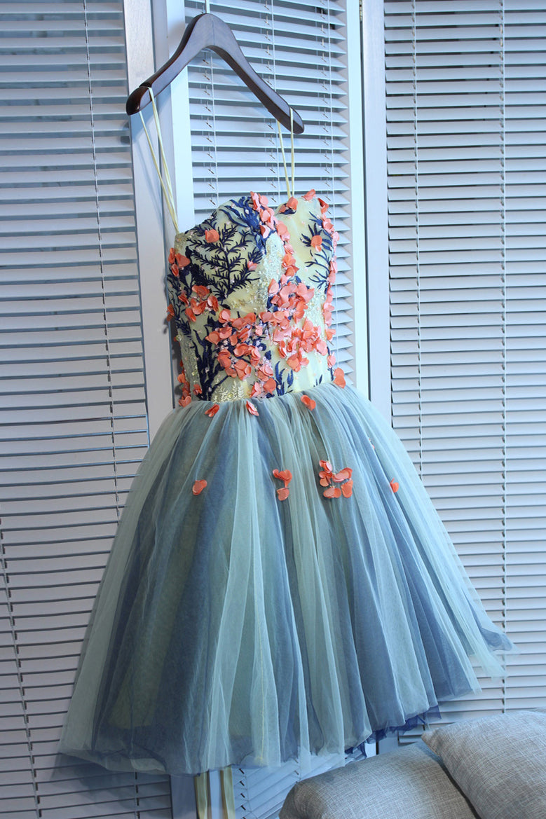 Unique Sweetheart Tulle Mini Homecoming Dress with Flowers,A Line Short Prom Gown