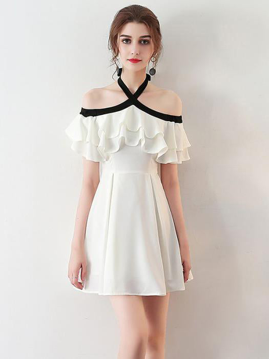 Chic Light Ivory Halter Ruffles Chiffon Short Homecoming Dresses N406