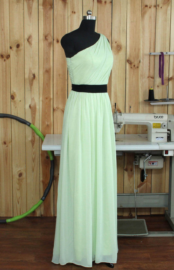 Mint Green One Shoulder Chiffon Bridesmaid Dresses With Belt