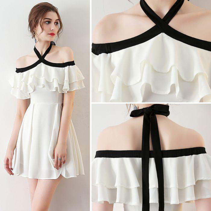 Chic Light Ivory Halter Ruffles Chiffon Short Homecoming Dresses N406