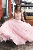 Two Piece Floor Length Tulle Prom Dresses with Lace Long Off the Shoulder Dresses with Flower N2096
