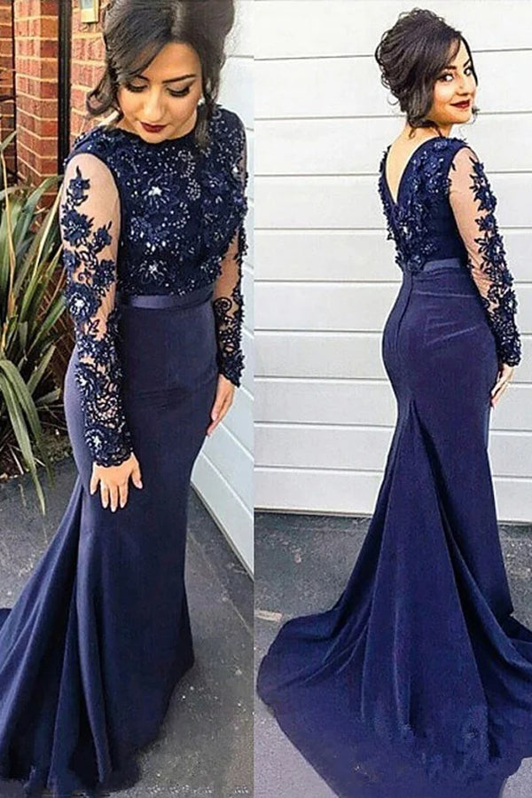 Navy blue lace mermaid prom dress top