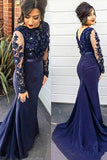 Dark Blue Mermaid Long Sleeve Lace Appliques Prom Dress, Plus Size Long Evening Dress