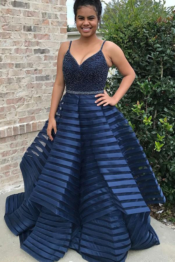 Navy blue spaghetti hotsell strap prom dress