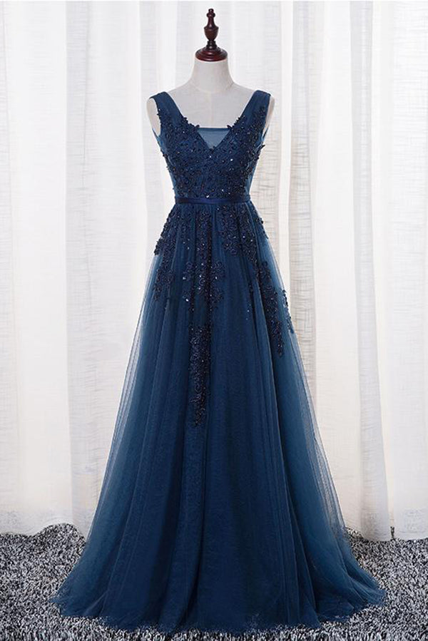 A Line V Neck Sleeveless Appliques Prom Dress with Beads, Floor Length Tulle Evening Dress N1385