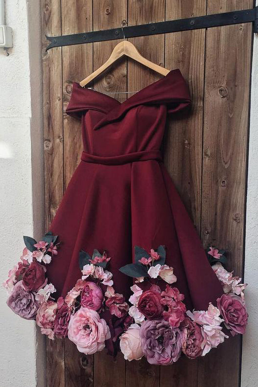 A Line Off-the-shoulder Burgundy Juniors Short Homecoming Dresses with Flowers N1844