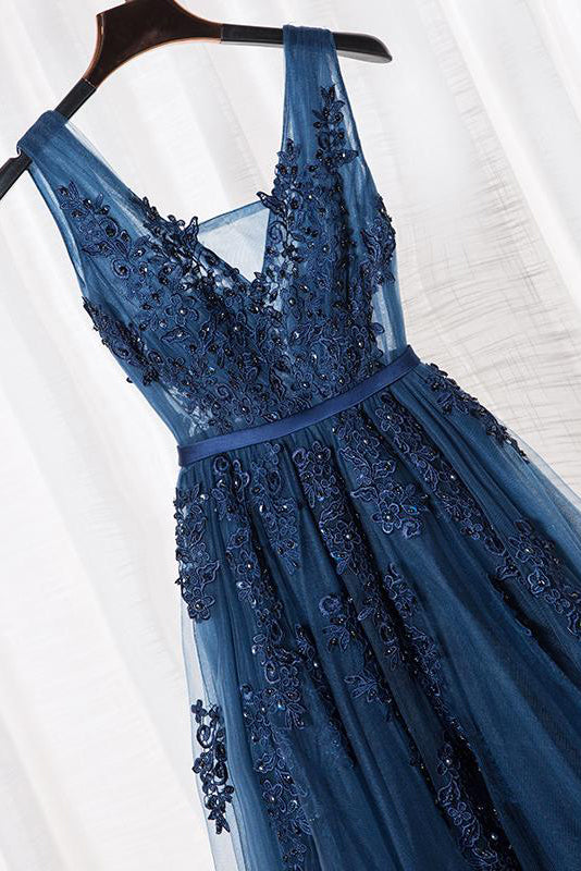A Line V Neck Sleeveless Appliques Prom Dresses with Beads Floor Length Tulle Evening Dresses N1385