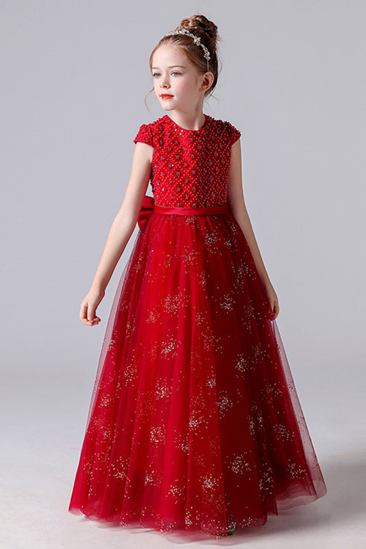Red Beading Tulle Flower Girl Dresses With Bow Belt
