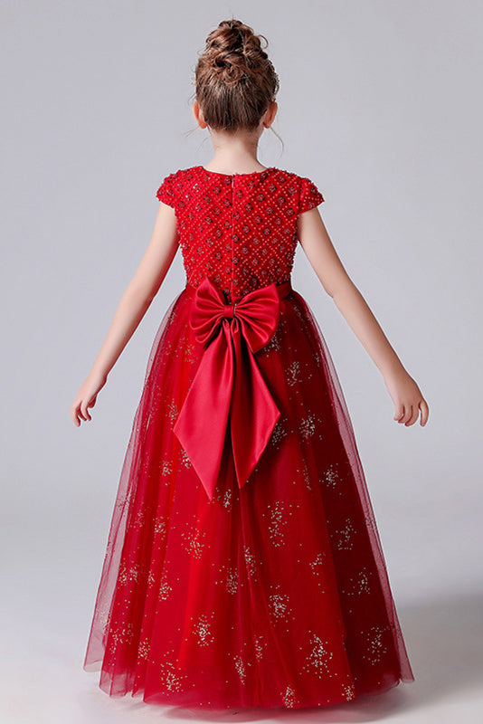 Red Beading Tulle Flower Girl Dresses With Bow Belt