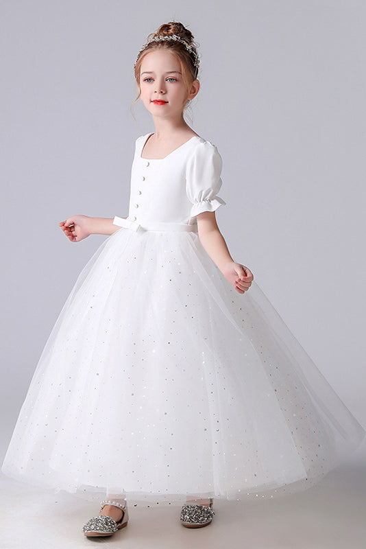 A Line White Tulle Princess Flower Girl Dresses With Blet