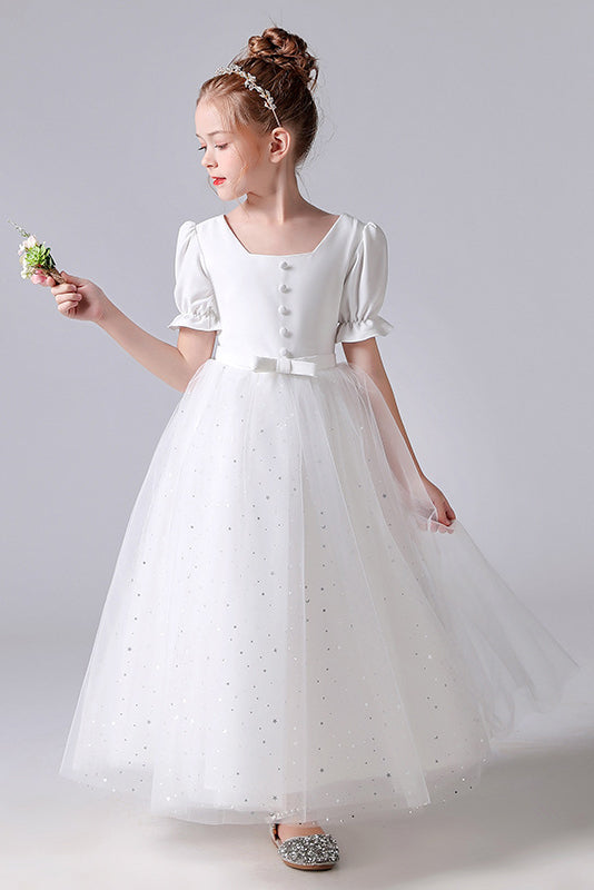 A Line White Tulle Princess Flower Girl Dresses With Blet