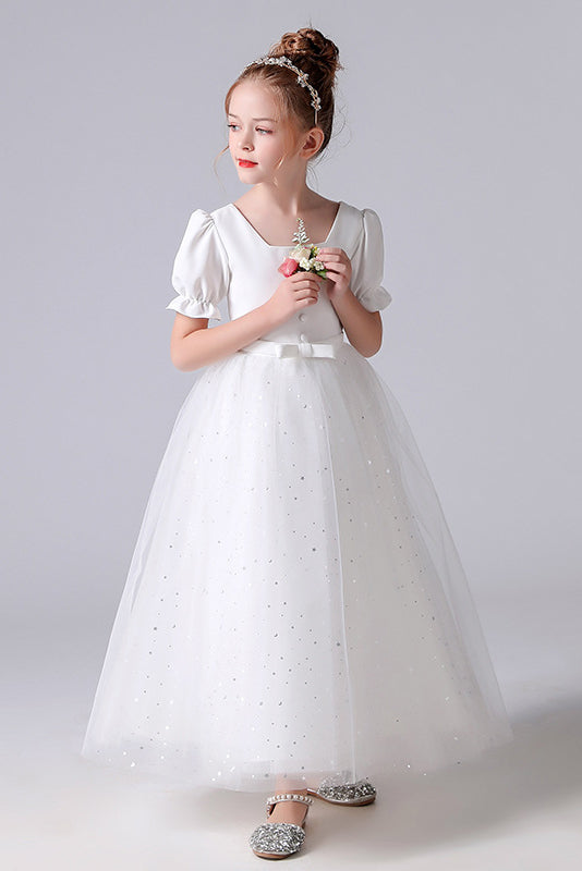 A Line White Tulle Princess Flower Girl Dresses With Blet