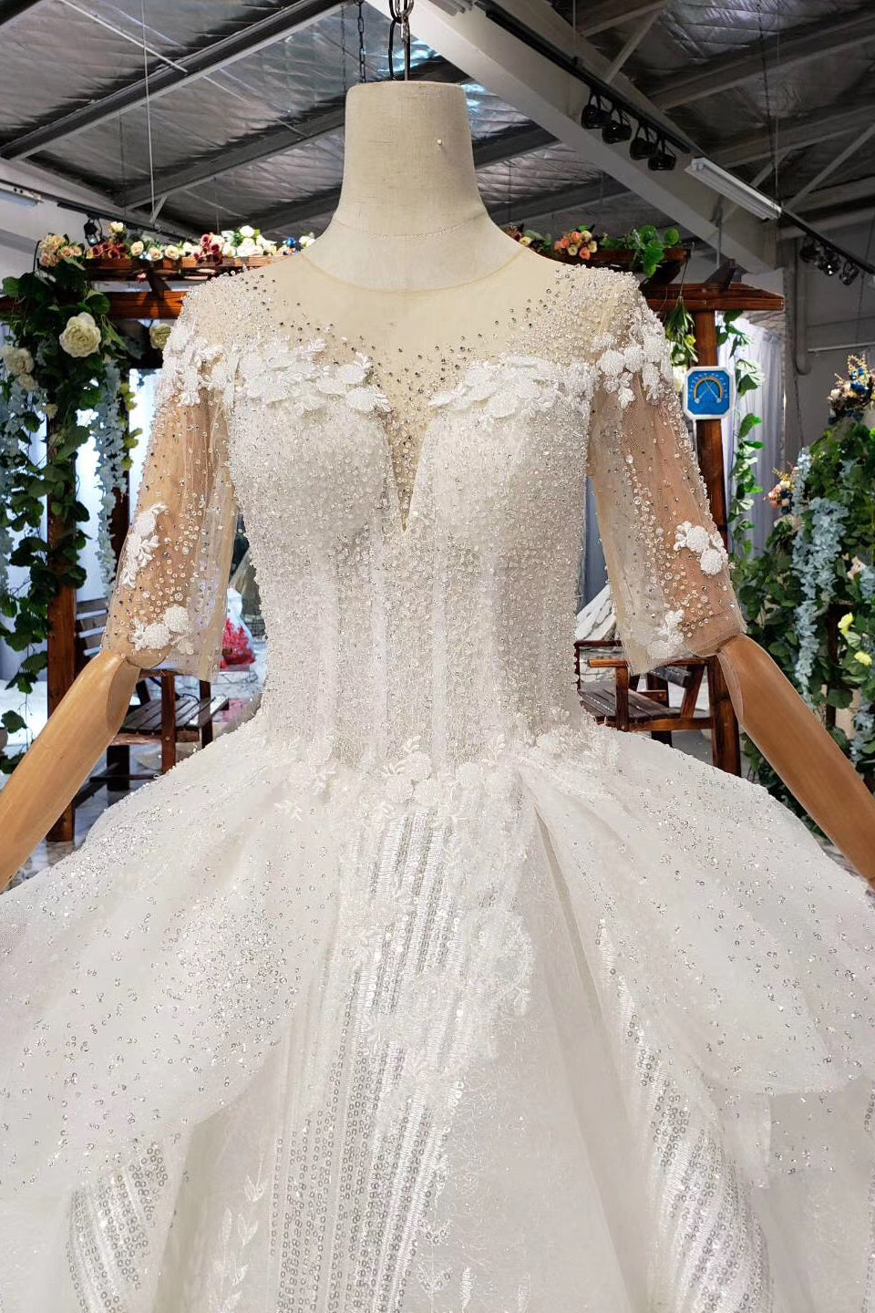 Ball Gown Half Sleeves Lace Bridal Dresses with Sequins Sheer Neck Long Wedding Dresses N1970
