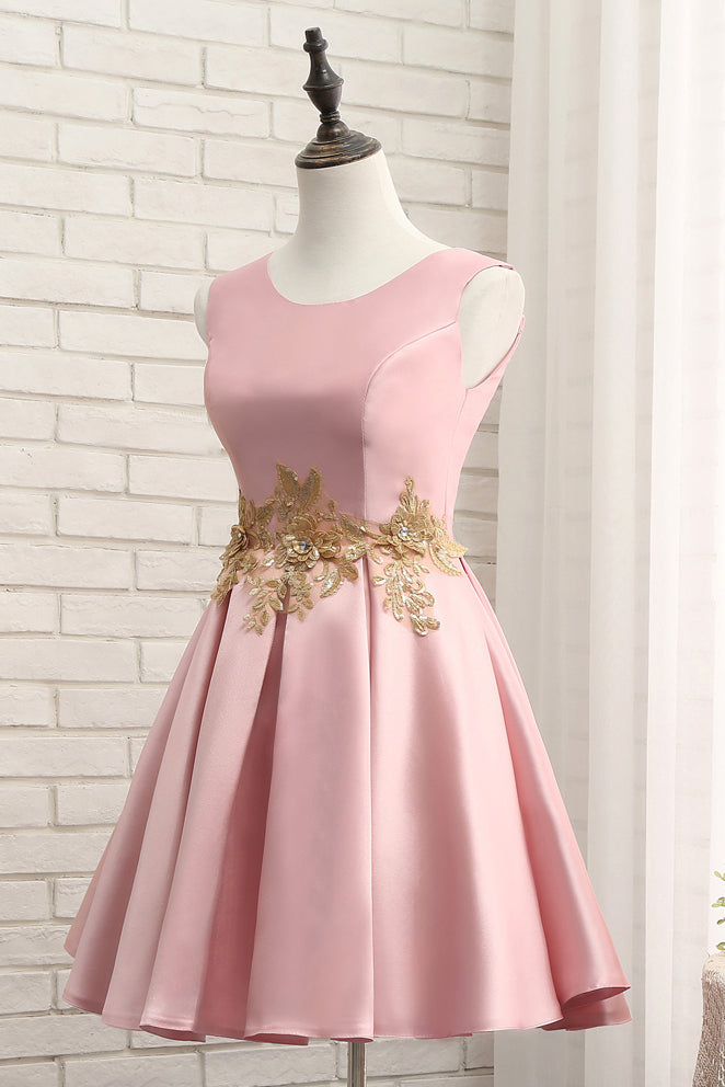 A Line Sleeveless Ruched Gold Appliques Homecoming Dresses