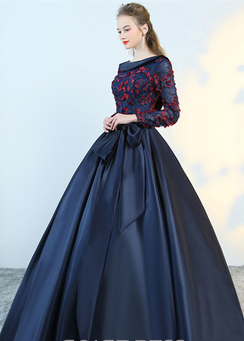 Puffy Flower Applique Floor Length Long Sleeve Satin Party Dresses With Bowknot N1223