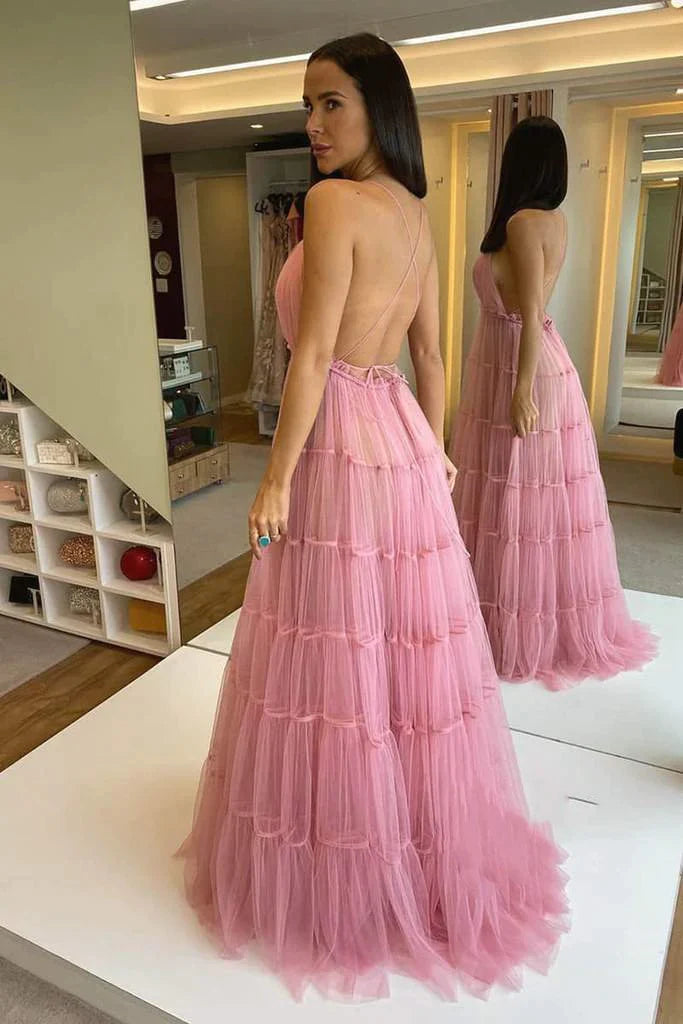 A Line Tulle Open Back Formal Prom Dress Graduation Dress PM201