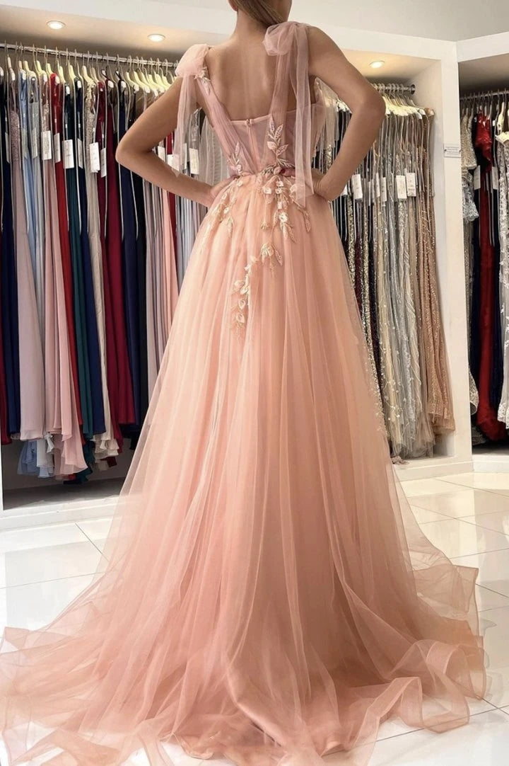 Sweetheart Tulle Pink Side Slit Evening Dresses With Flowers Long Prom Dresses