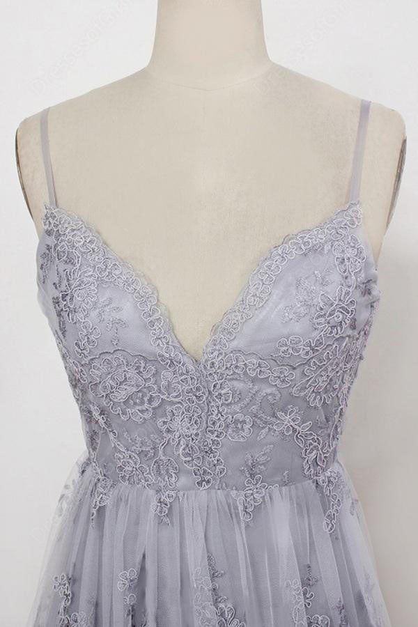 Spaghetti Straps Long Lace Prom Gown A Line V-Neck Sleeveless Formal Dresses N1701