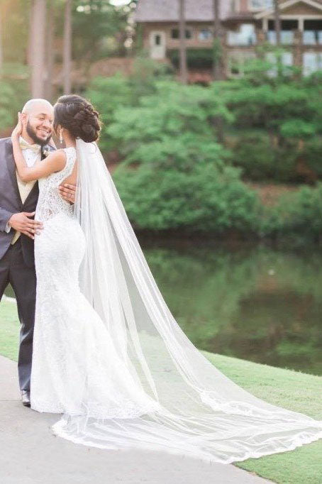 Alencon Lace Edge Cathedral Tulle Ivory Wedding Veil Long Bridal Veil V027