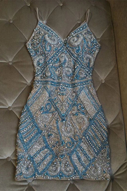 Sparkly V-Neck Crystal Beaded Sheath Homecoming Dresses