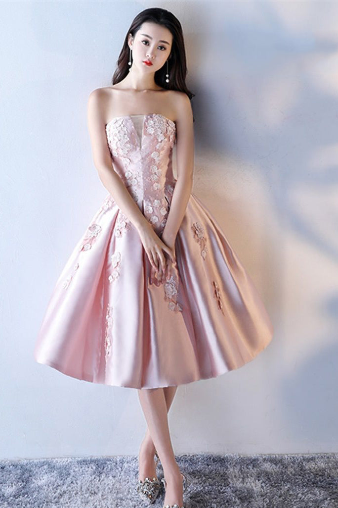 Pink A Line Strapless Applique Knee Length Homecoming Dresses Short Prom Dresses N1950