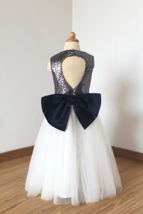 A Line Floor Length Charcoal Grey Sequin Ivory Tulle Flower Girl Dress with Navy Blue Bow