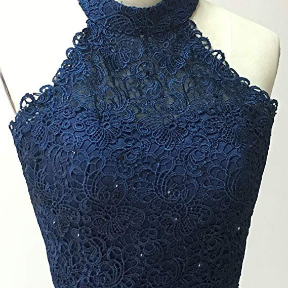 Two Piece Navy Blue High Neck Homecoming Dresses with Lace A Line Satin Graduation Dresses N1853