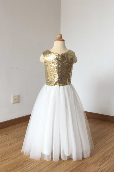 A Line Floor Length Ivory Tulle Flower Girl Dress with Gold Sequin Flower Girl Dress F032