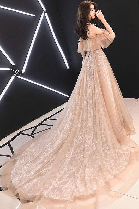 Charming Straps Flowy Tulle Lace Prom Dresses with Train A Line Evening Dresses with Ruffles N2104
