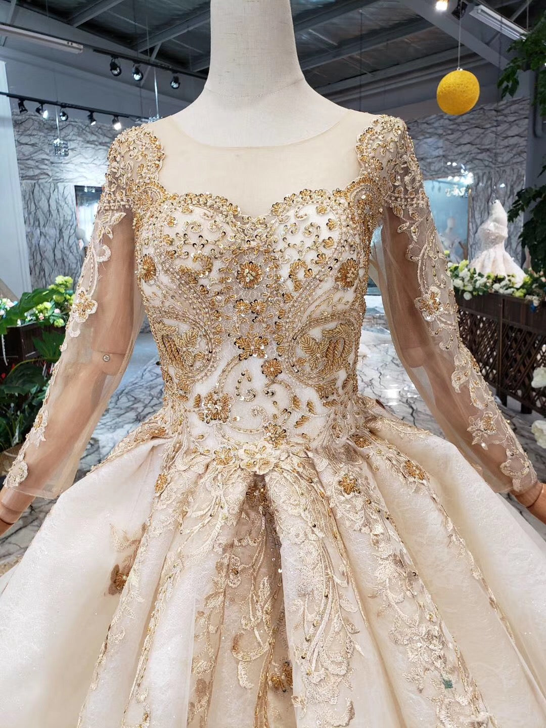 Gorgeous Long Sleeves Palace Wedding Dresses Lace Wedding Dresses with Applique&Beads N1652