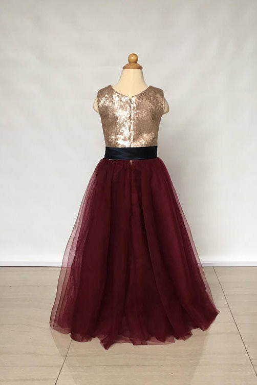 Floor Length Sleeveless Gold Sequin Burgundy Tulle Flower Girl Dresses with Black Sash F019