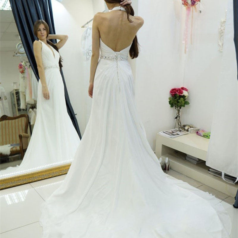 A Line Halter Chiffon Backless Court Train Beach Wedding Dresses N124