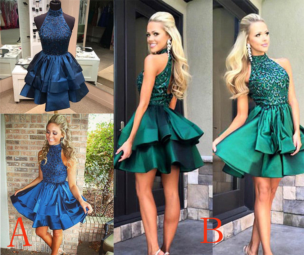 A Line High Neck Short Beaded Dark Blue Backless Homecoming Dresses