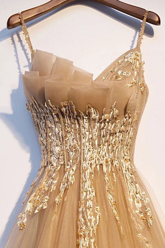 Spaghetti Straps Sleeveless Tulle Lace Appliques Prom Dress N2639