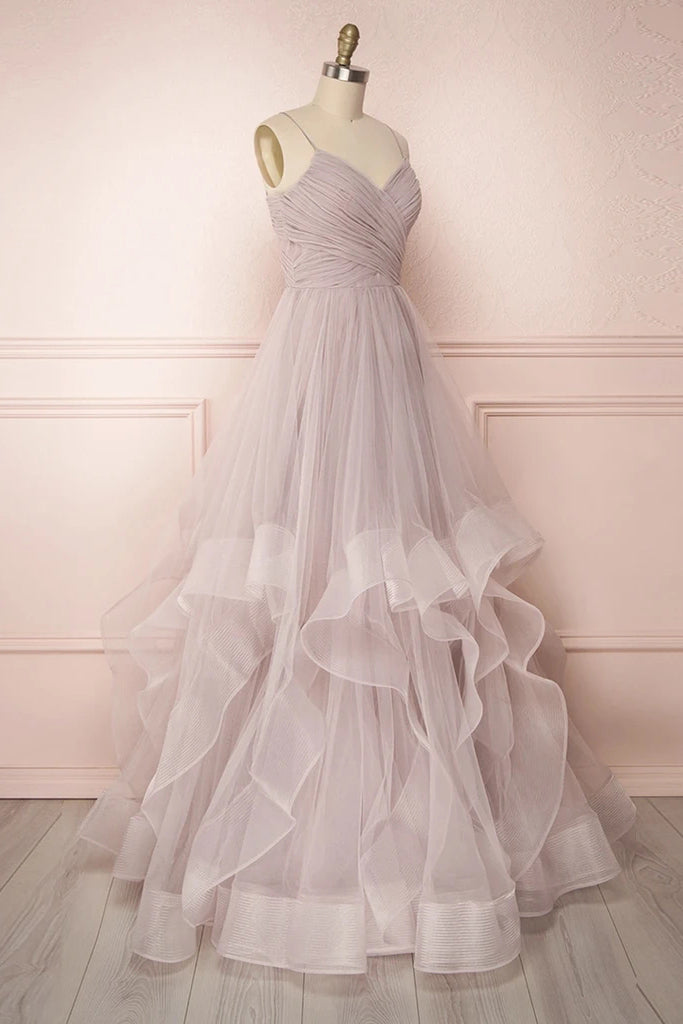 Spaghetti Straps Pleated Floor Length Tulle Prom Dress N2622