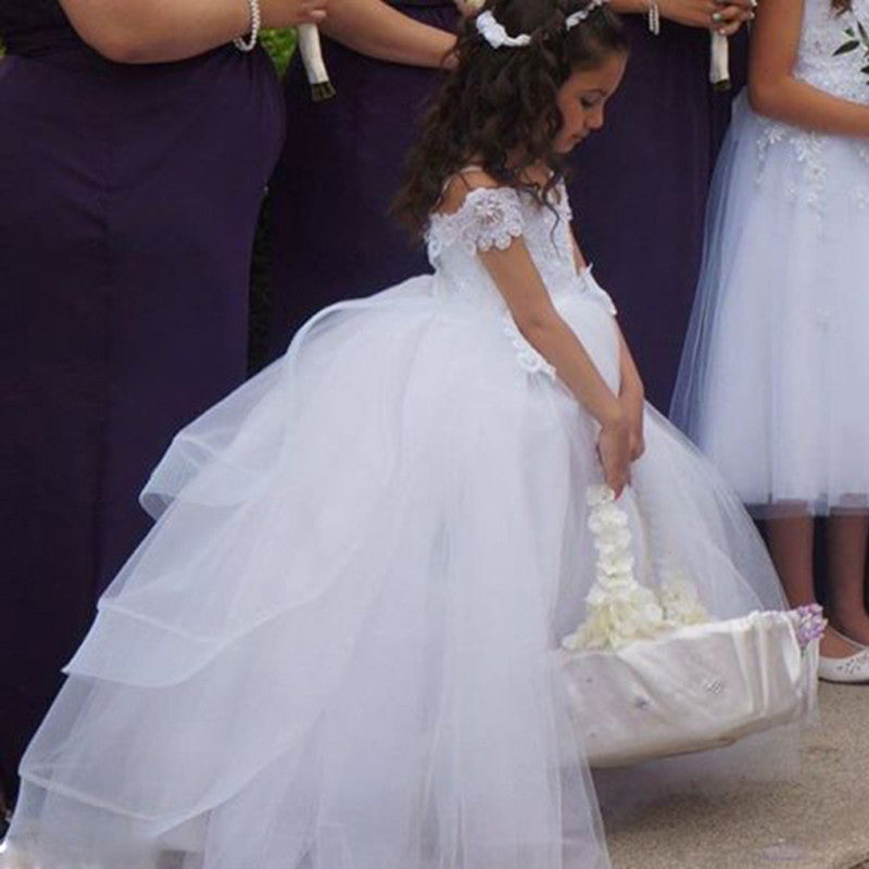 White Off-the-shoulder Ball Gown Flower Girl Dresses