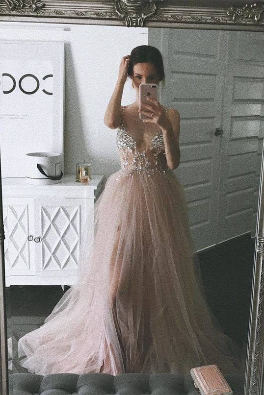 Dusty Pink A-Line Tulle Prom Dresses Sparkly V-Neck Long Graduation Dresses with Rhinestone N1526